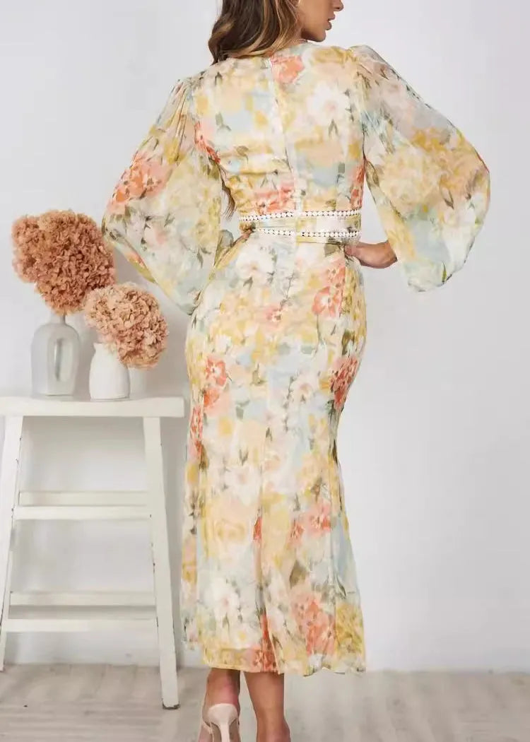 Yellow V Neck Print Chiffon Long Dress Spring