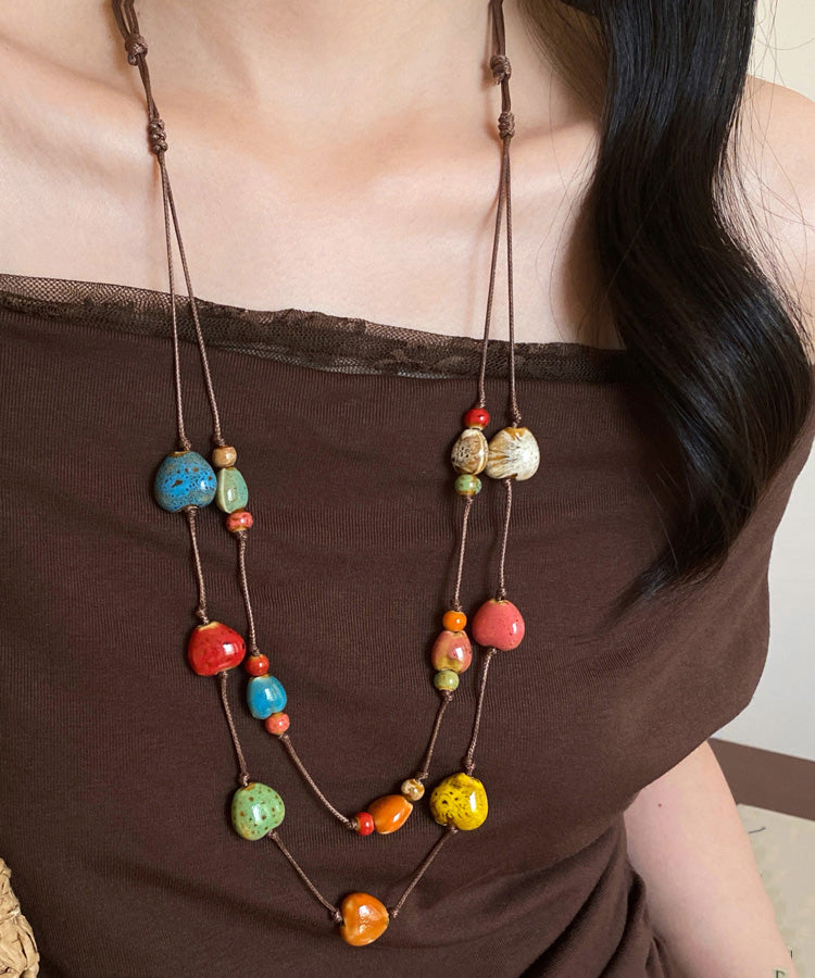 Rainbow Wax Rope Ceramic Double-layer Pendant Necklace