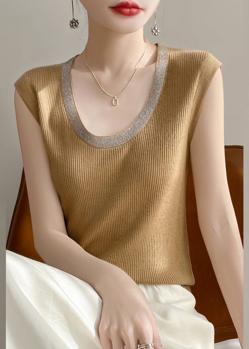 Yellow U Neck Patchwork Knit Tank Summer