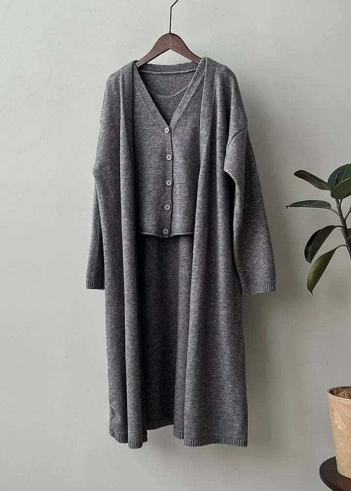 Loose Camel V Neck Tank and Cardigan Knit Two Piece Set Fall