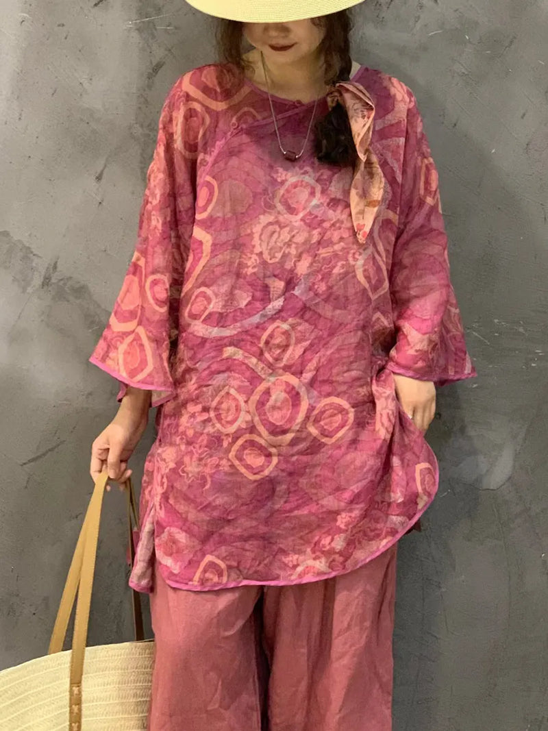 Summer Flower Spliced Long Ramie Shirt