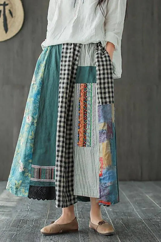 Limited Stock- Irregular Print Spliced 100% Linen A-line Skirt