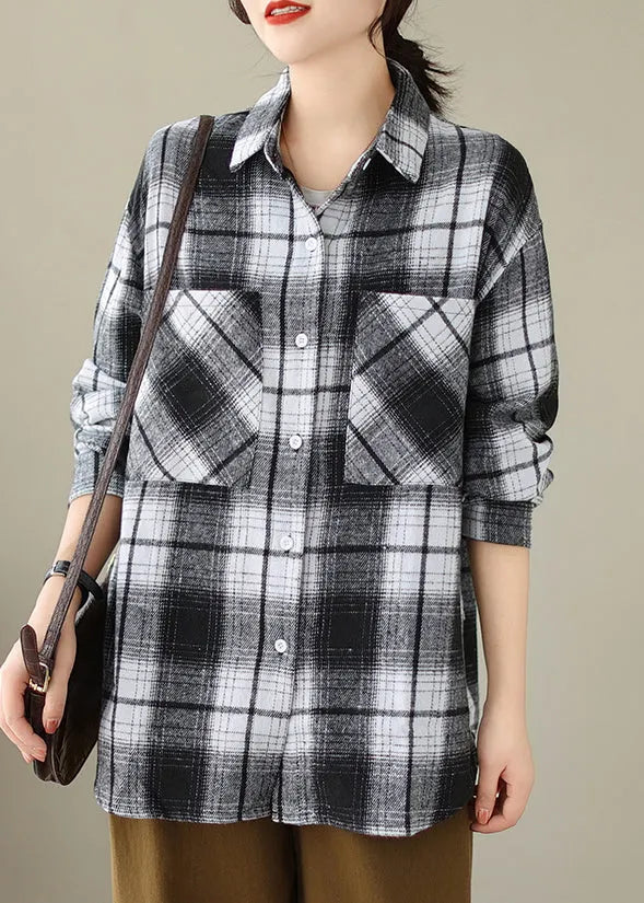 Black Pockets Plaid Cotton Shirts Coat Peter Pan Collar Fall