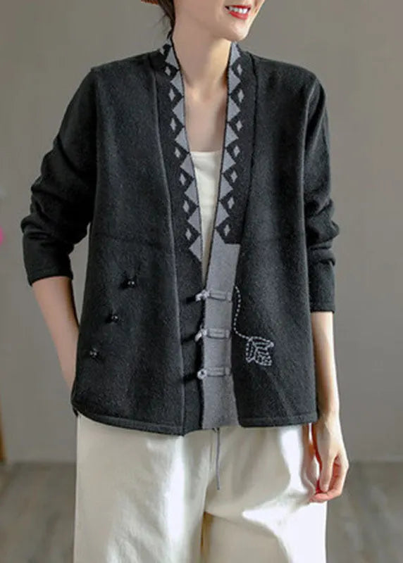 Art Beige V Neck Embroidered Asymmetrical Design Patchwork Fall Knit Sweaters