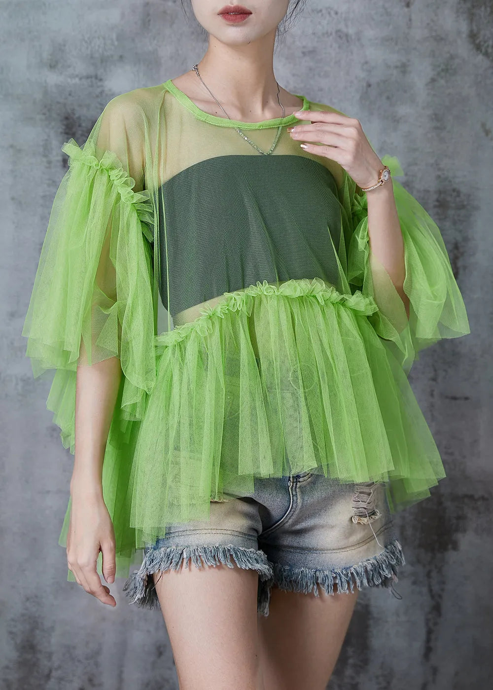 Grass Green Patchwork Tulle Shirt Tops Batwing Sleeve