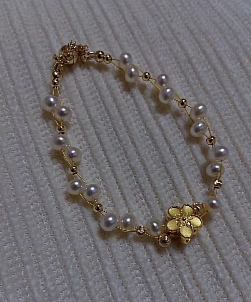 Fine White 14k Gold Pearl Woven Chain Bracelet
