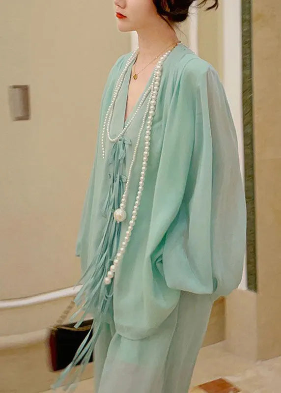 Modern Green O-neck Chiffon Top and Wide Leg Pants Two Piece Set Spring