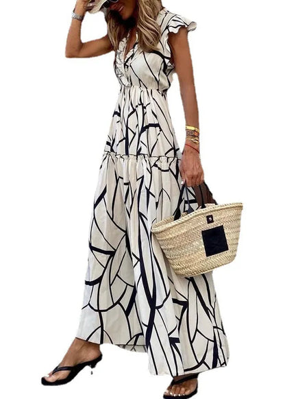 White Ruffled Print Cotton Long Dresses Summer