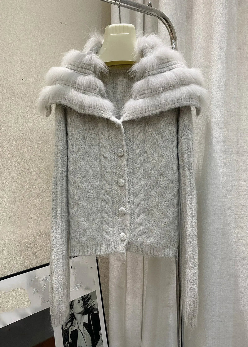 Simple Camel Sailor Collar Zippered Cotton Knit Cardigan Winter