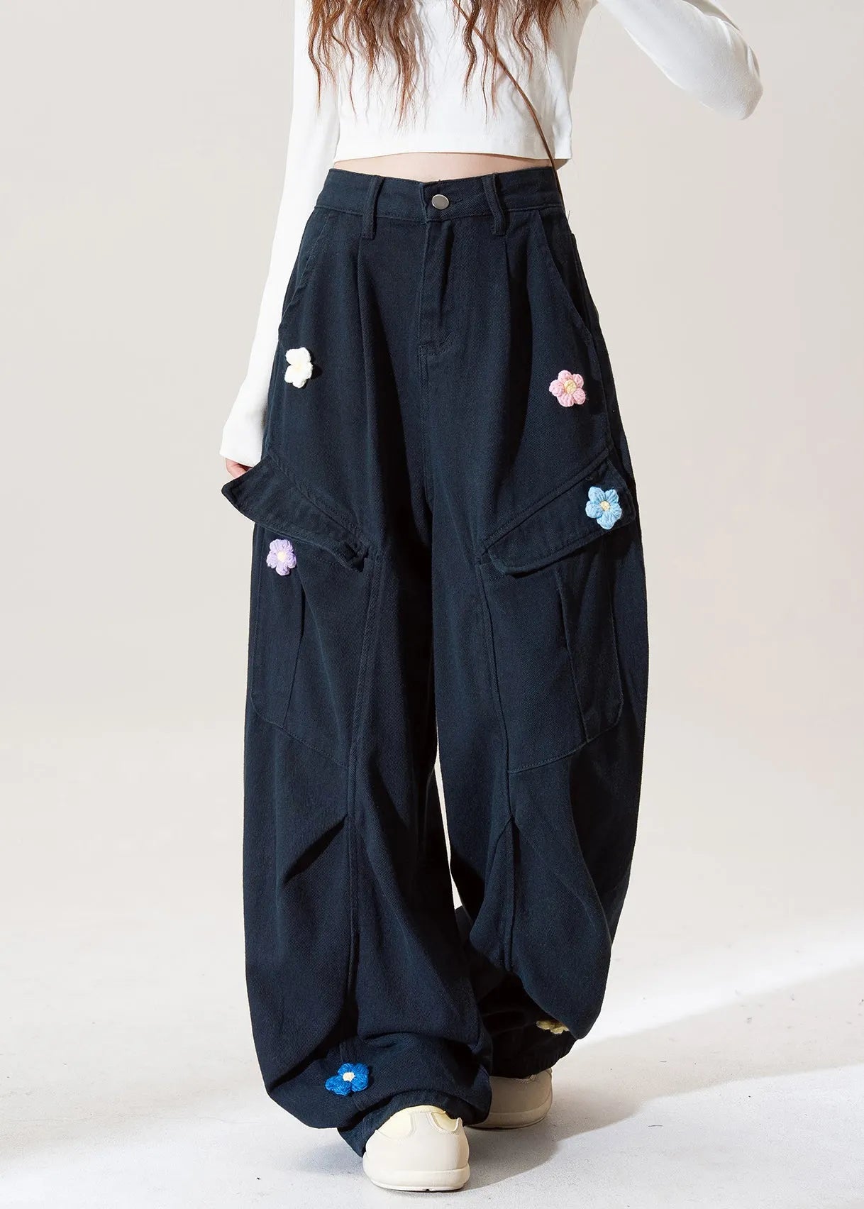 Stylish Navy Embroidered Pockets Cotton Pants Fall
