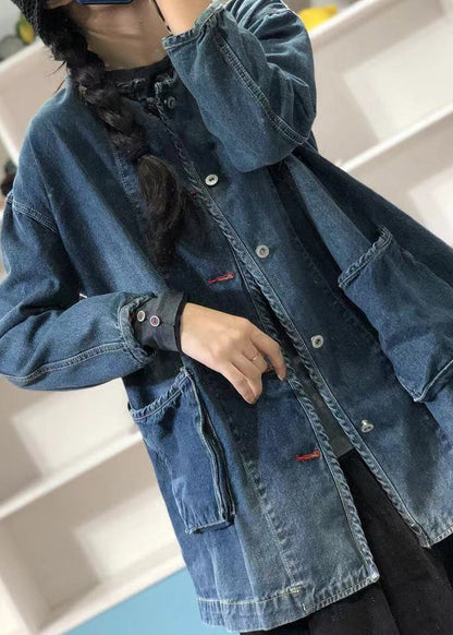 Blue O Neck Pockets Button Patchwork Denim Coat Fall