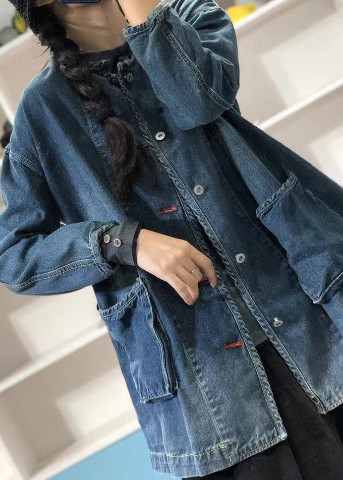 Blue O Neck Pockets Button Patchwork Denim Coat Fall