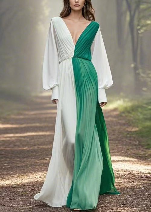 Asymmetrical Wrinkled Patchwork Chiffon Long Dress Spring