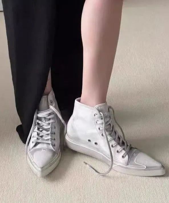 White Pointed Toe High Top Board Shoes Lace Up
