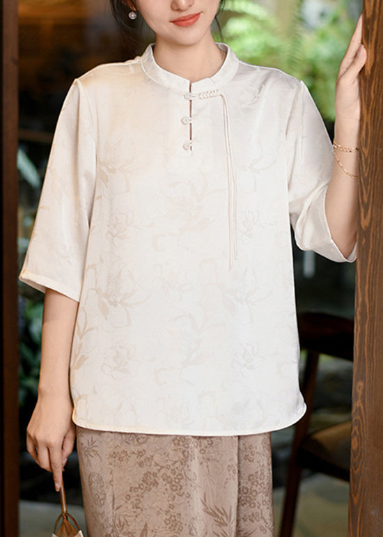 Loose Beige Stand Collar Tassel Jacquard Silk Shirt Summer