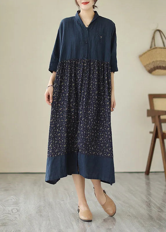 Blue V Neck Print Patchwork Button Cotton Long Dresses Summer