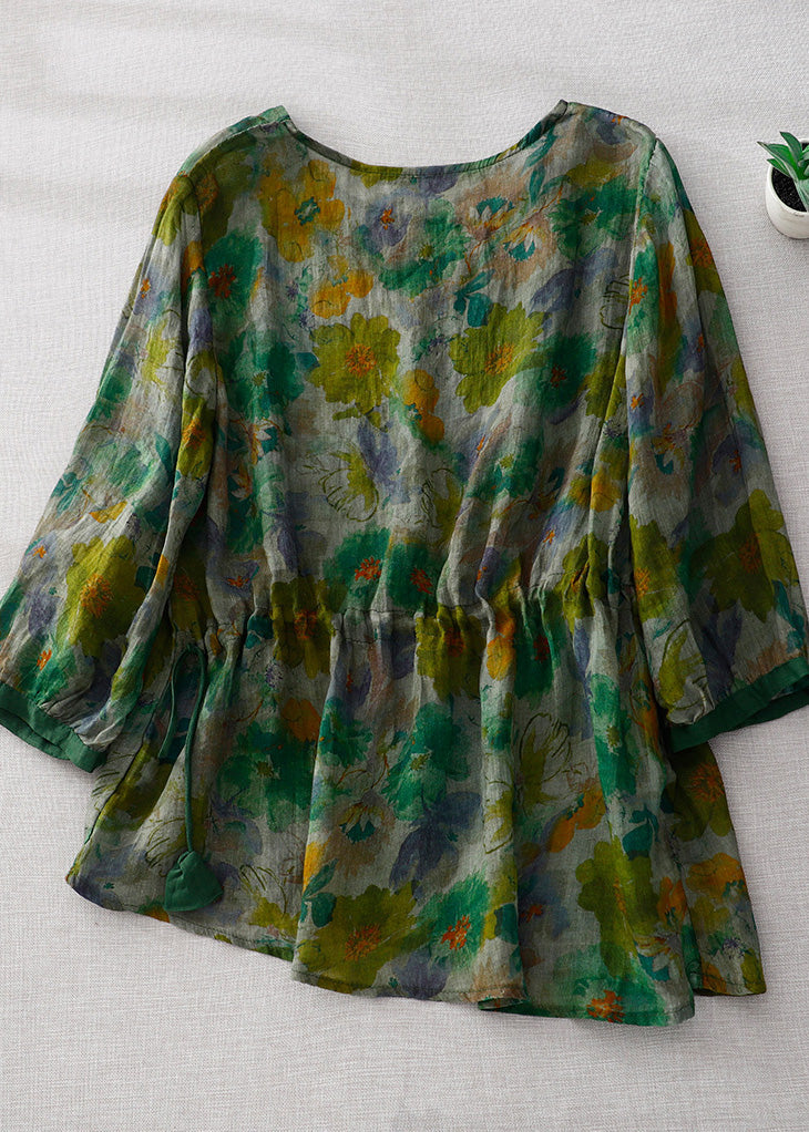 Natural Green O-neck Print Wrinkled Linen Tops Long Sleeve
