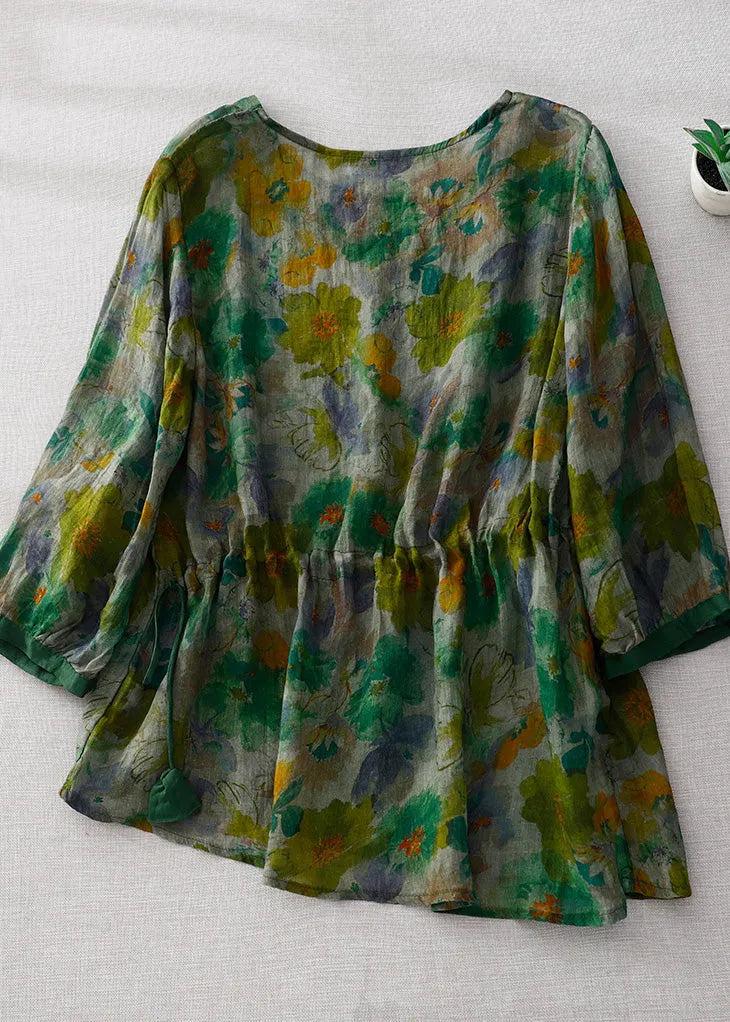 Natural Green O-neck Print Wrinkled Linen Tops Long Sleeve