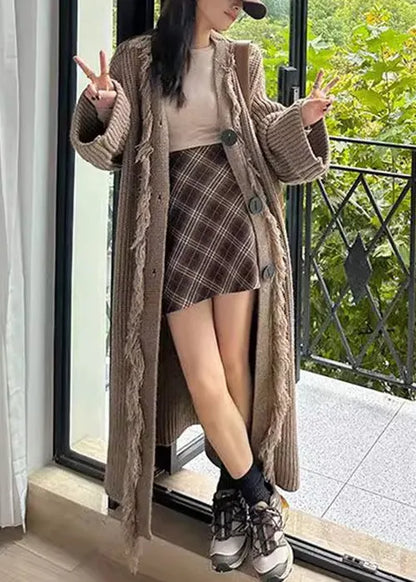 Loose Light Brown V Neck Button Tasseled Knit Long Coat Winter