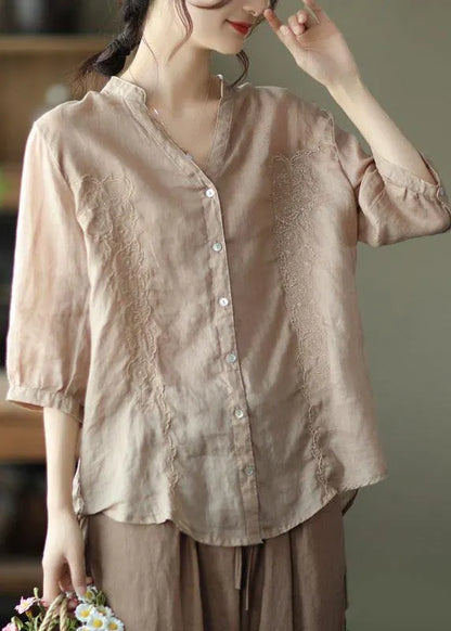 French Khaki Embroidered V Neck Ramie Blouse Top Summer