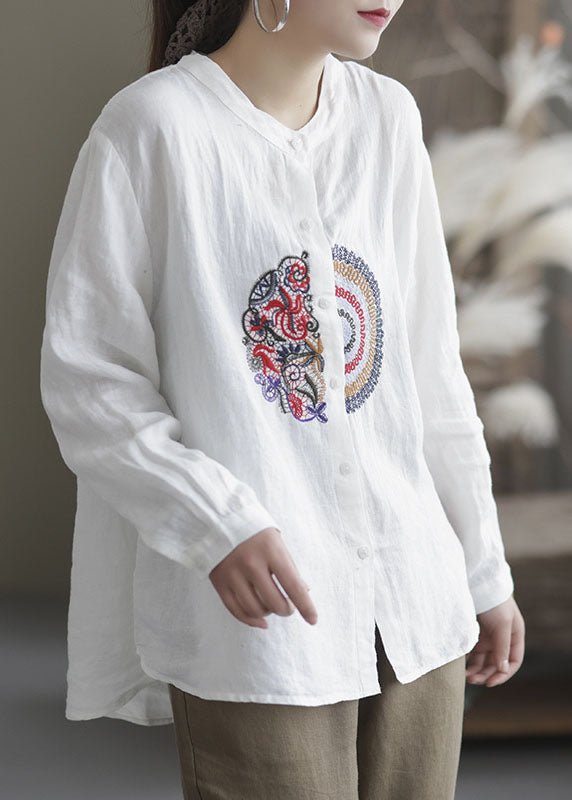 Loose White Embroidered Patchwork Linen Shirts Spring