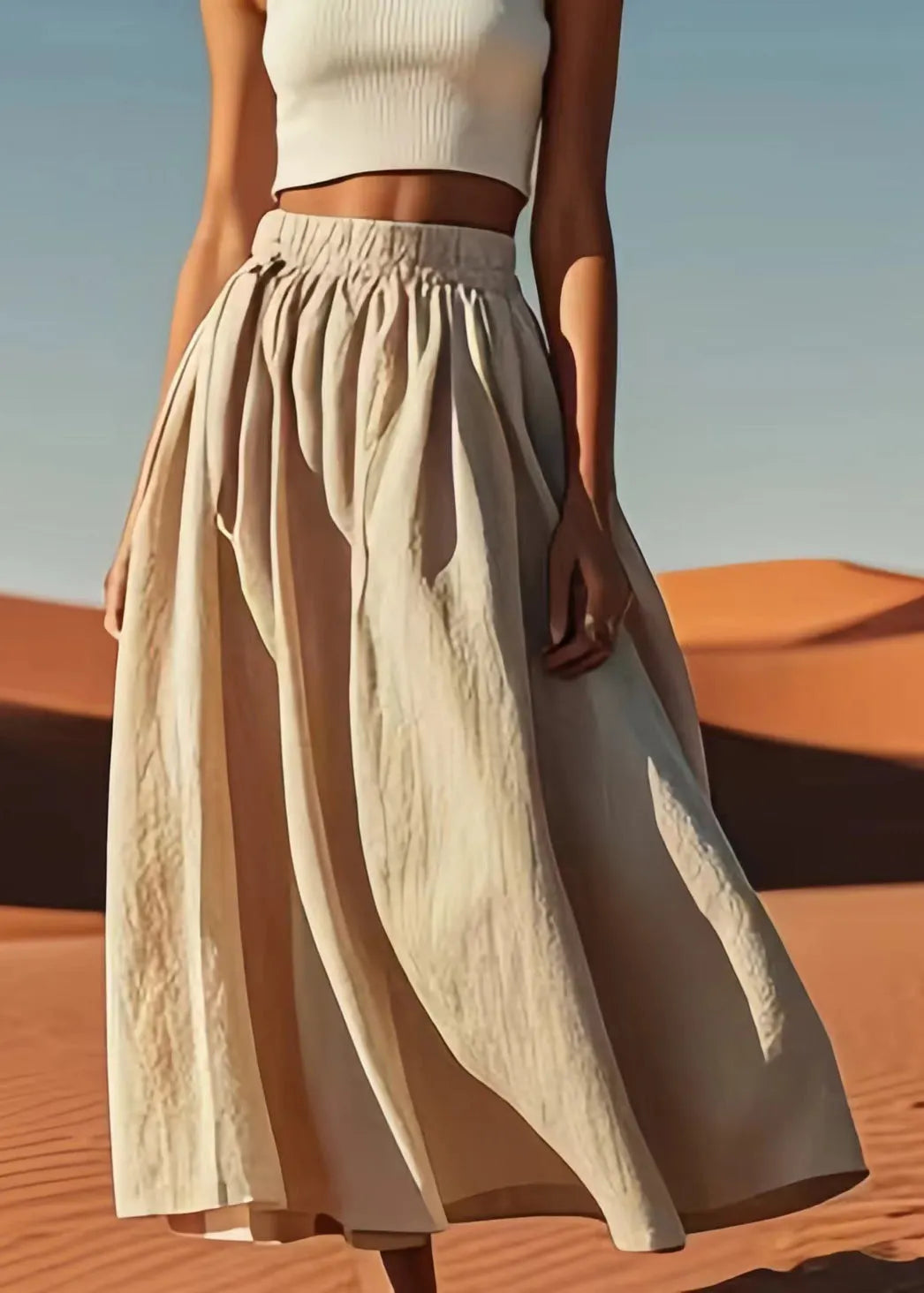 Loose Apricot Elastic Waist Cotton Skirt Summer