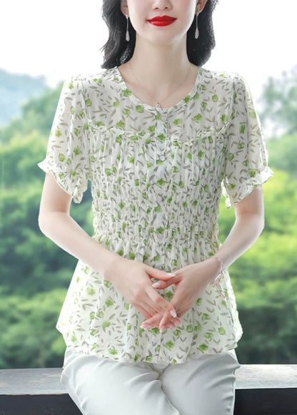 Stylish Green O-neck Ruffled Print Chiffon Shirts Summer