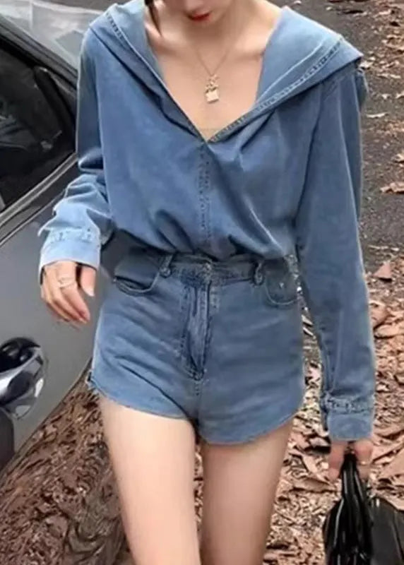 Blue Denim Hooded Top and Shorts Two Pieces Set Spring