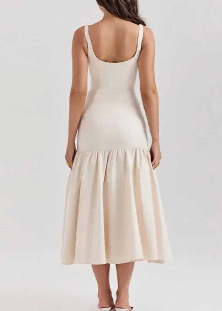 Slim Fit White Wrinkled Patchwork Cotton Spaghetti Strap Dress Summer