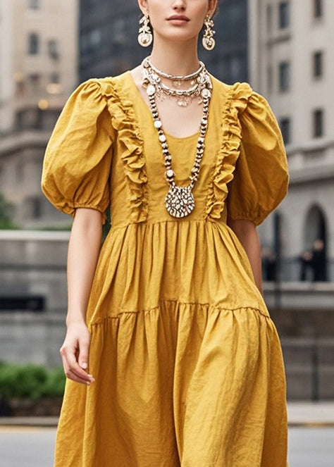 Diy Yellow Puff Sleeve Ruffled Cotton Long Dress