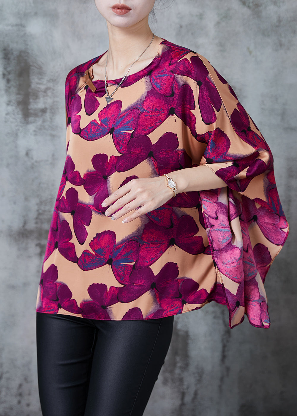 Brown Oversized Butterfly Silk Shirt Batwing Sleeve