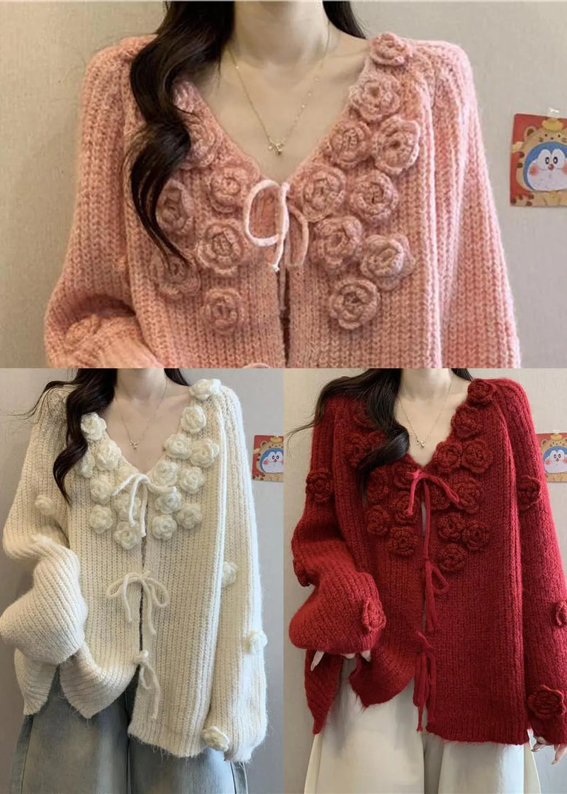 Pink Stereoscopic Thick Knit Cardigan Fall