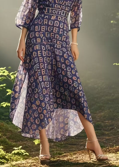 Purple V Neck Print Chiffon Mid Dress Bracelet Sleeve