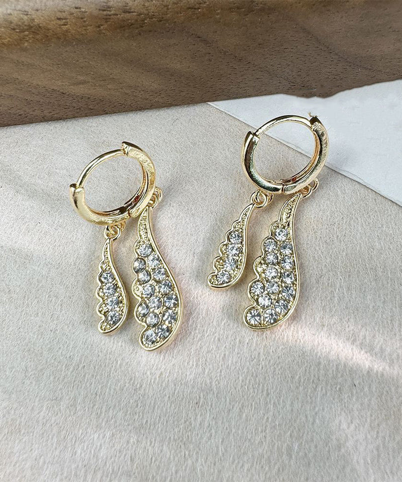 Original Design Gold Stainless Steel Zircon Water Droplet Wing Hoop Earrings