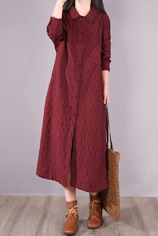 -loose Embroidery Lace Dress Cotton and Linen Long Sleeve Dress