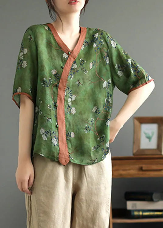 Green Print Ramie T Shirt Summer