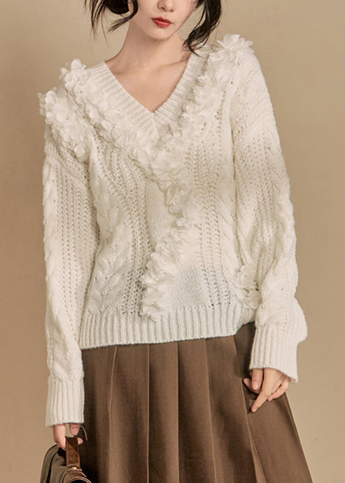 White V Neck Hollow Out Knit Sweaters Winter