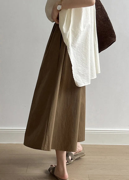 Brown Pockets Elastic Waist Cotton Crop Wide Leg Pants Summer