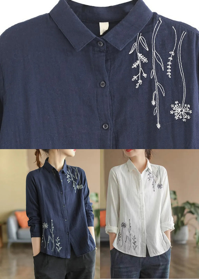 Navy Blue Embroidered Cotton Shirt Spring