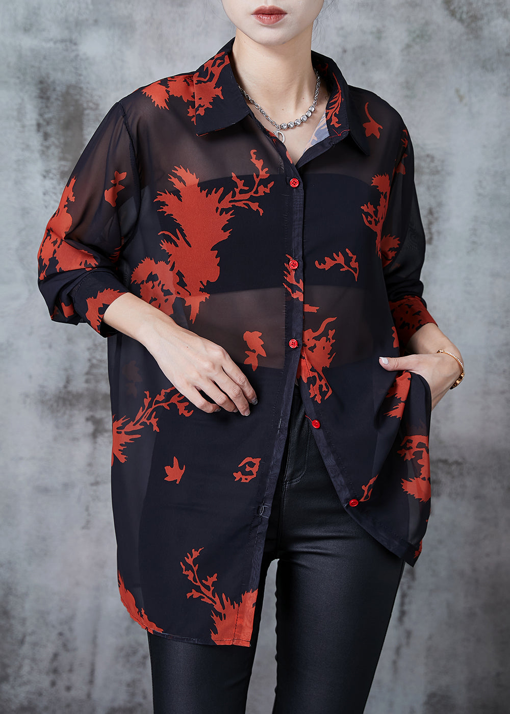 Black Print Chiffon Upf 50+ Blouse Top Oversized Summer