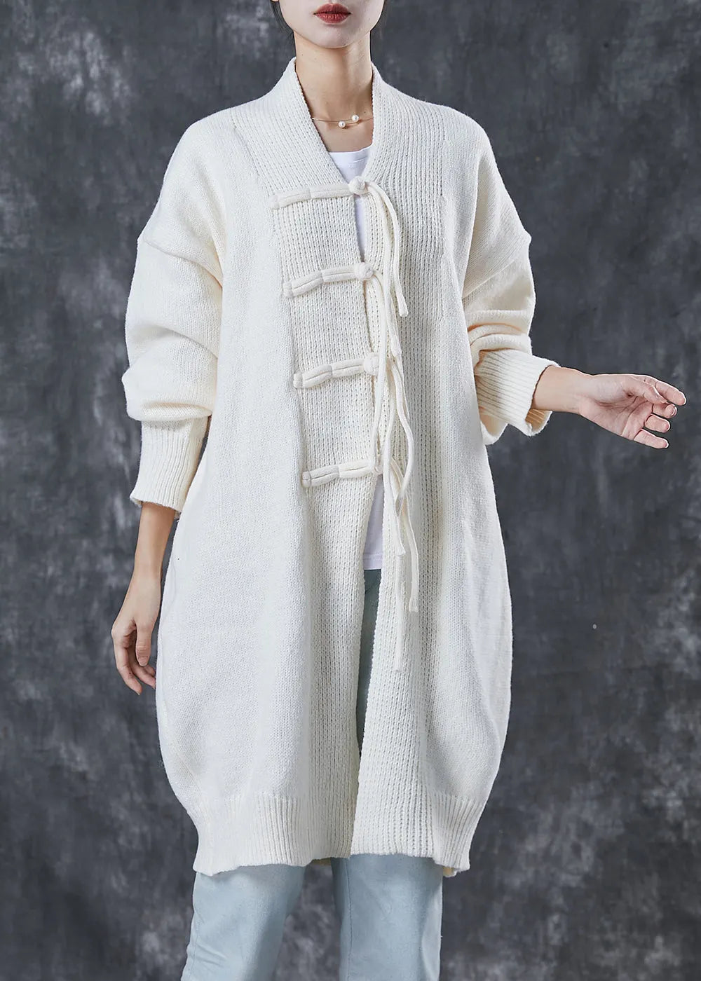 White Oversized Chinese Button Knit Cardigans Spring