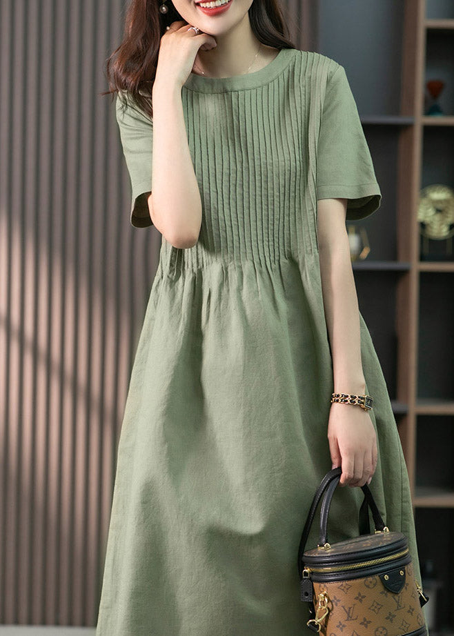French Green O-neck Wrinkled Linen Dress Short Sleeve