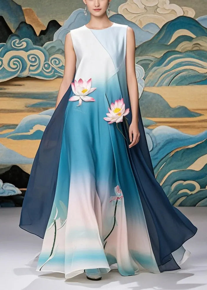 Gradient Blue Lotus Print Chiffon Long Dress Summer