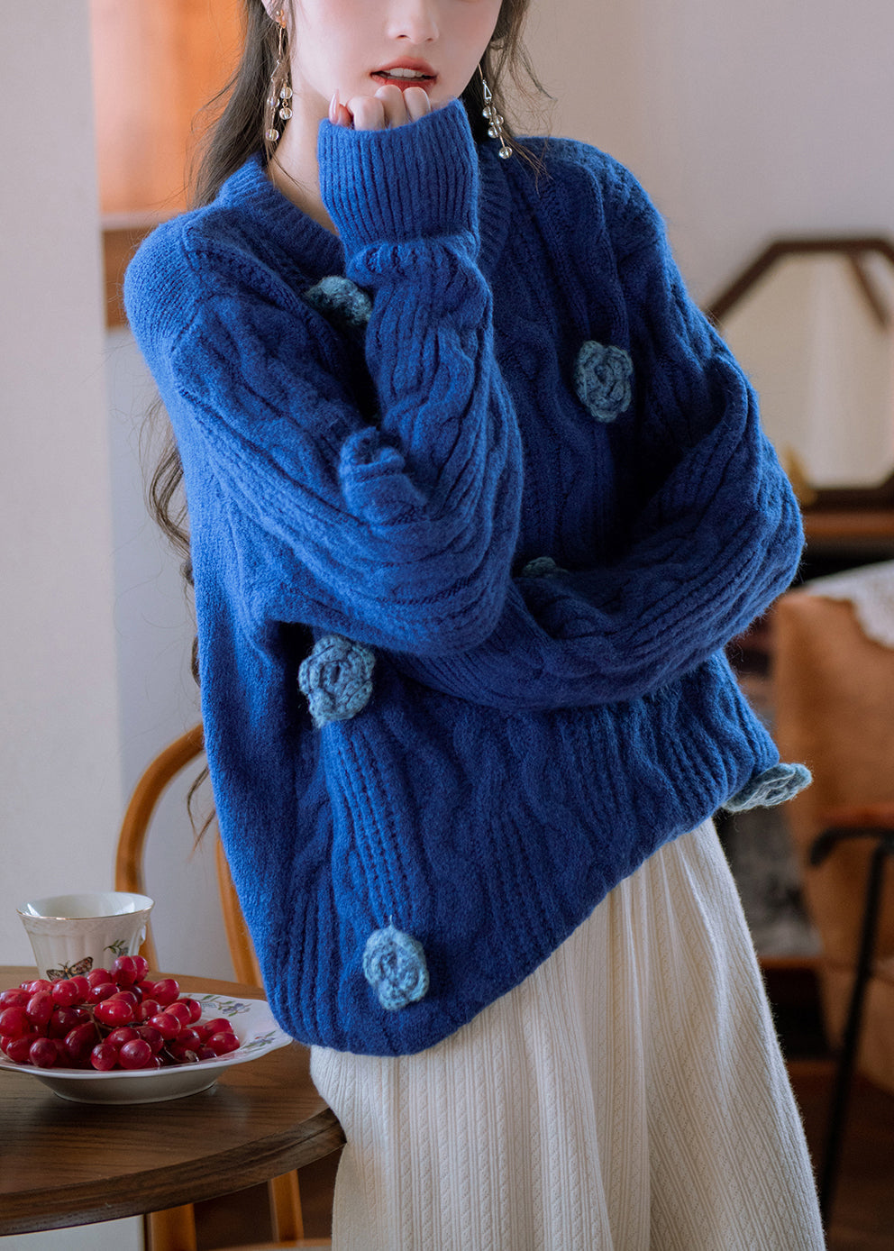 Original Blue O Neck Cozy Knit Sweater Winter