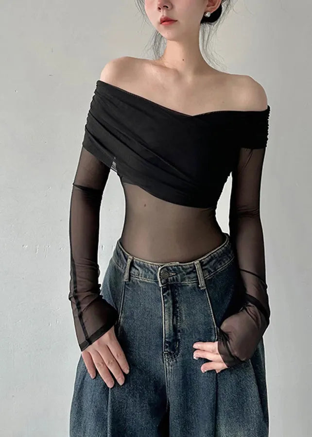 Black Cold Shoulder Tulle Blouse Tops Fall