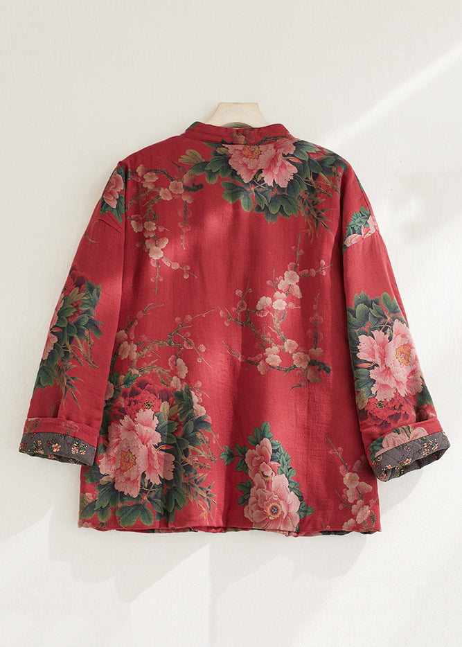 Red Pockets Print Lace Up Fine Cotton Filled Coat Spring