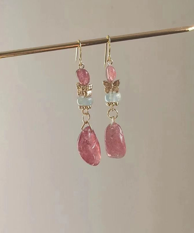 Pink Sterling Silver Overgild Crystal Butterfly Drop Earrings