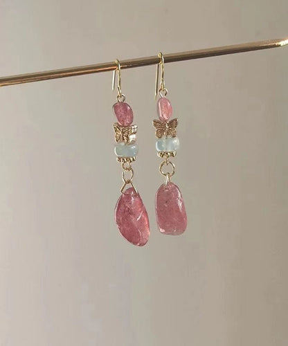 Pink Sterling Silver Overgild Crystal Butterfly Drop Earrings