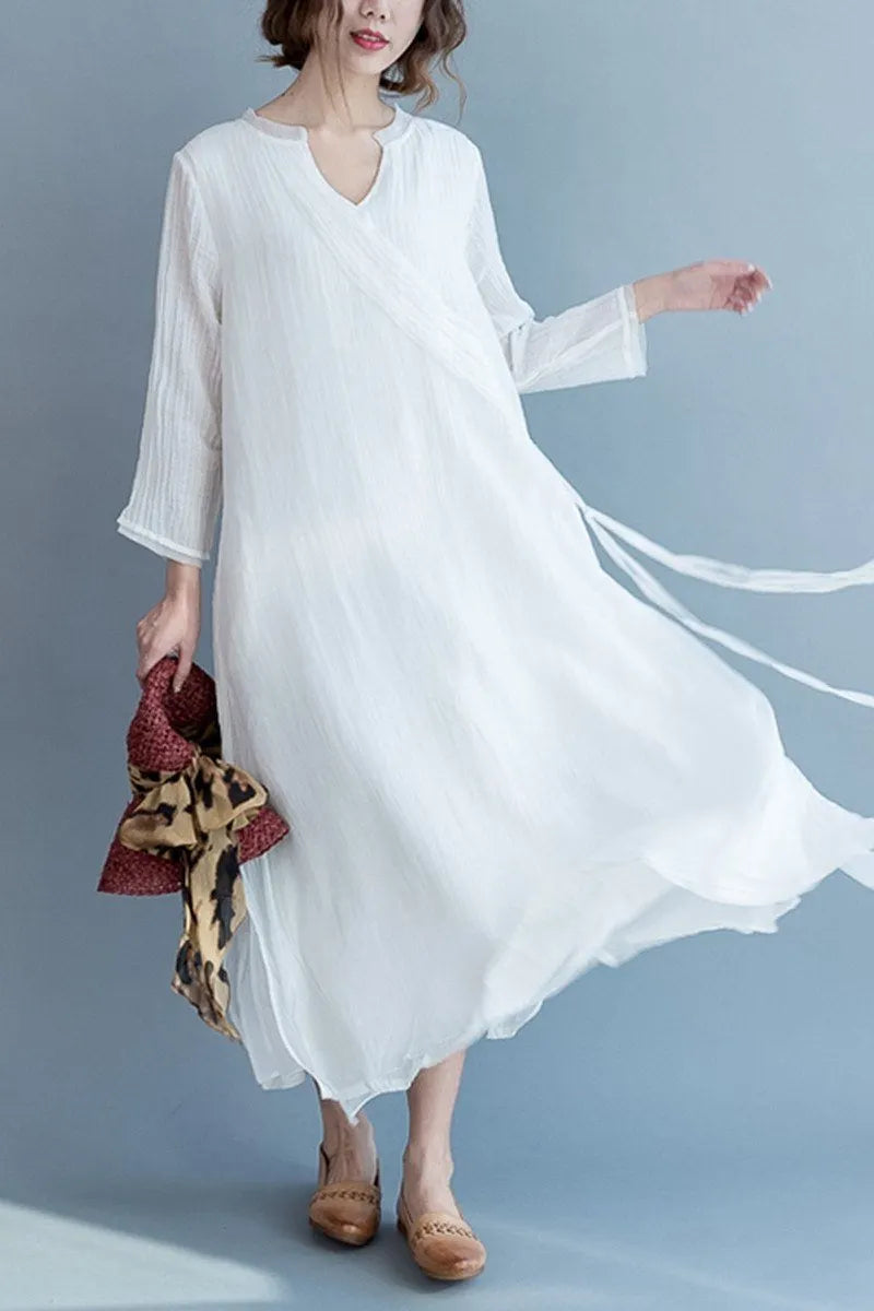 White Silk Linen Long Summer Dresses V-neck Clothing