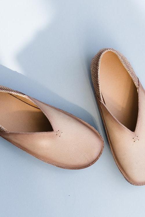 Gray and Beige Leather Flat Shoes